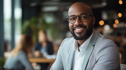 Obraz premium Smiling Professional Man in Coffee Shop - Business Casual Portrait