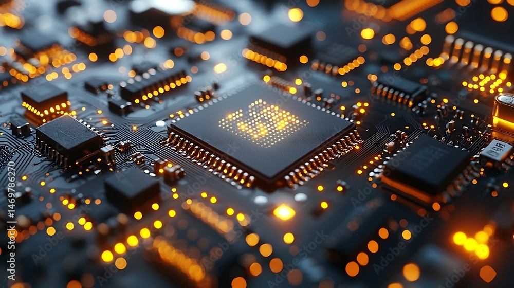 Fototapete high-tech computer circuit board with illuminated processor.