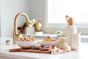 Healthy snacks arranged on a kitchen countertop.