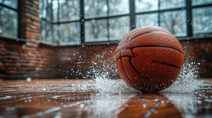 Wet basketball on a hardwood floor with splashing water.
