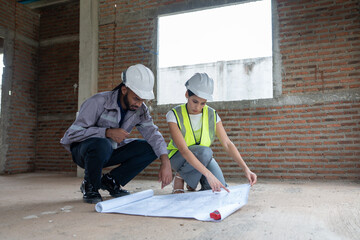 Man and woman civil engineer looking blueprints construction plan on floor at construction site....