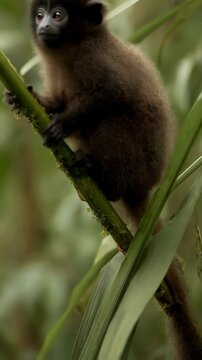 Captive brown Titi monkey infant clings to green bamboo stem in natural habitat jungle environment. Adorable, wide-eyed animal portrait.