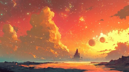 Majestic Cosmic Landscape with Grand Structures and Celestial Bodies in a Vibrant Sunset Sky