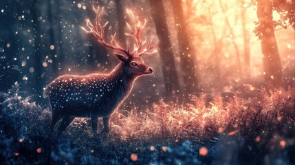 Obraz premium Majestic Deer Standing in Enchanted Forest with Sunlight Filtering Through Trees and Soft Snowfall