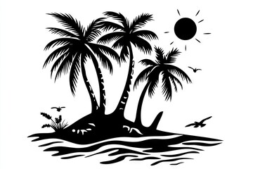 Simple black and white tropical island scene.