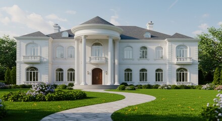 Fototapeta premium Grand Luxury White Neoclassical Mansion with Manicured Lawn and Winding Pathway