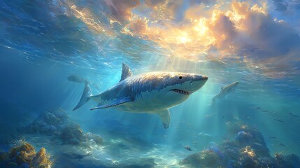 Fototapeta premium Majestic shark gliding through vibrant ocean waters.