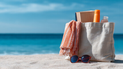 A beach bag filled with essential items for a perfect sunny day