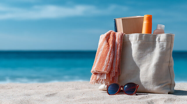A beach bag filled with essential items for a perfect sunny day