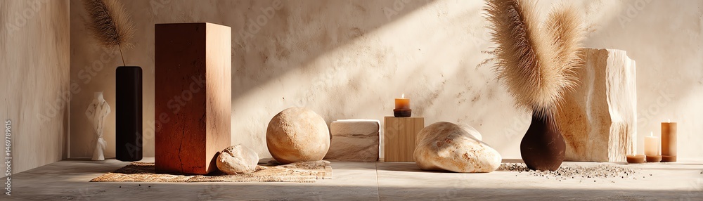 Poster minimalist display of natural objects indoors.