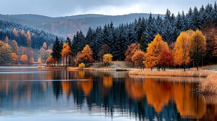 Fototapeta premium Stunning Autumn Lake Reflection Colorful Trees Forest and Calm Water