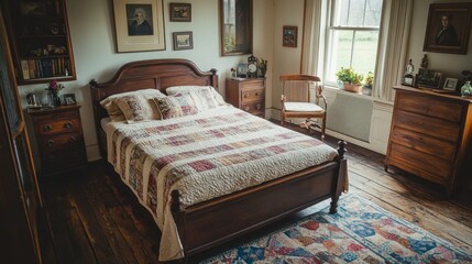 Cozy vintage bedroom with wooden furniture, quilt, and warm natural light, inviting atmosphere and antique decor