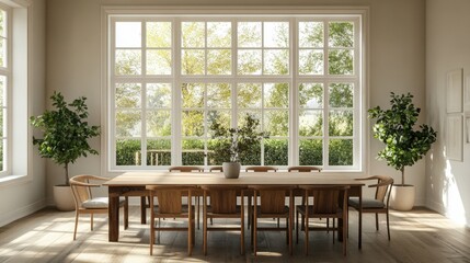 Elegant Dining Room with Large Windows, Wooden Table, and Stylish Greenery in Bright Natural Light