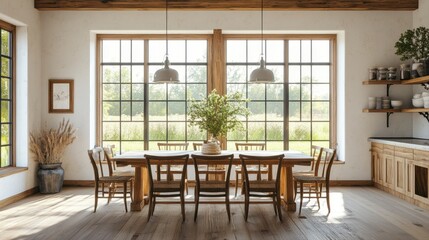 Fototapeta premium Cozy and Inviting Modern Dining Room with Big Windows and Natural Light in a Serene Setting