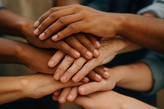 diverse group of hands of different ages and ethnicities stacked together