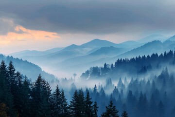 Obraz premium Misty mountains surrounded by tall evergreen trees
