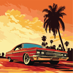 Classic Red Car Cruising Along The Coast At Sunset With Palm Trees