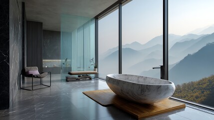 Modern bathroom with panoramic mountain view.