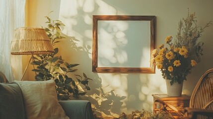 Warm interior scene with empty frame and natural light.