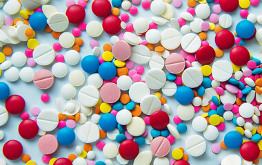 A vibrant assortment of colorful pills and tablets scattered on a light blue surface