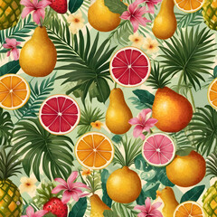 Obraz premium Vibrant Tropical Fruit Seamless Pattern Exotic Oranges Grapefruits Pears Pineapple Design