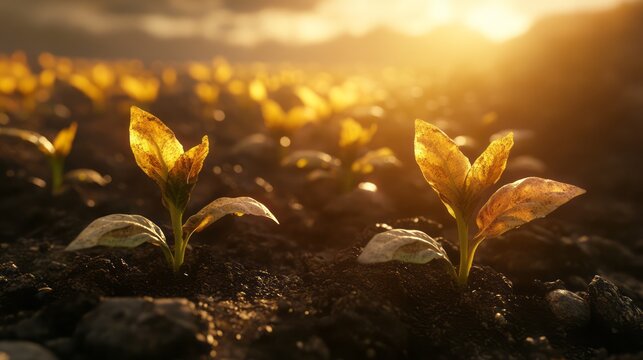 Emerging seedlings bathed in golden sunlight.