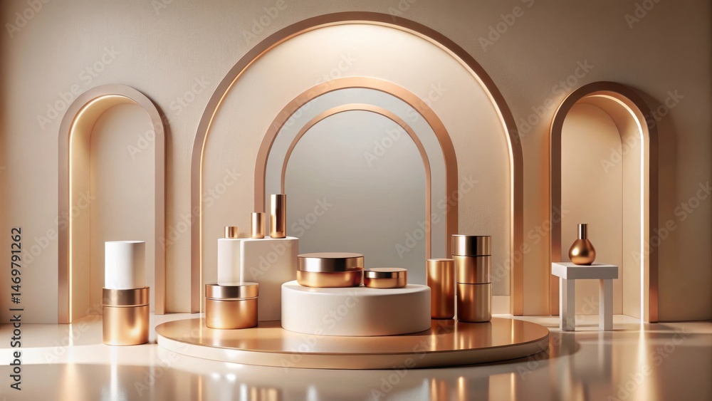 Poster elegant golden and beige product display with archways