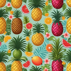 Vibrant Tropical Pineapple Pattern with Citrus Fruits and Lush Green Leaves Perfect for Summer Designs