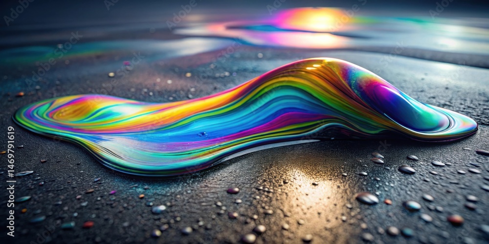 Poster abstract iridescent fluid sculpture on dark surface, reflecting light in vibrant rainbow hues, creat