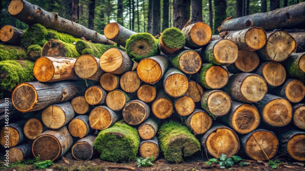 Poster a dense stack of neatly arranged tree logs, their cross-sections revealing intricate wood grain patt
