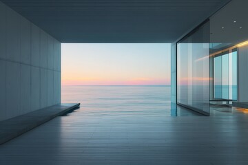 Modern interior with ocean view at sunset.
