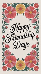 Happy Friendship Day Greeting with Elegant Cursive Typography and Vibrant Floral Frame Generative AI