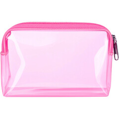 Pink clear plastic zippered pouch ideal for cosmetics, travel essentials, and organization. Trendy, convenient storage option for small items.