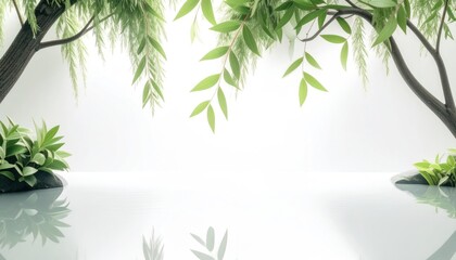 Obraz premium Tree Branch with Green Leaves Over Water Surface