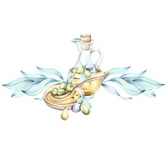 Delicate watercolor illustration of olives and olive oil celebrating elements of Italian cuisine and nature frame, border, arrangement