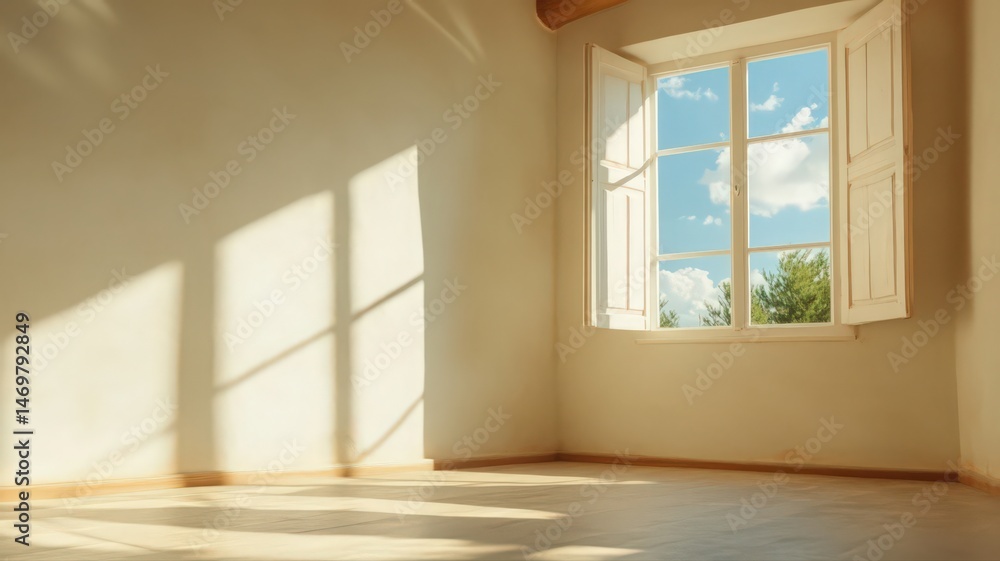 Poster sunlight streams through white shutters open window casting shadows in an empty white room with ligh