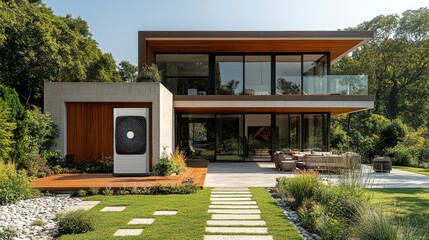 Elegant modern estate with sun-washed terrace hosting a compact heat pump, pathway of decorative stones leads to grand glass door