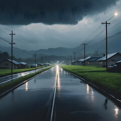 Rainy Night Scene Tranquil Village Road Under Stormy Sky Wet Asphalt Reflects Lights
