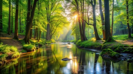 Serene Sunrise Illuminates a Tranquil Forest Stream, Bathing the Lush Green Canopy in Golden Light, Reflecting on the Still Waters