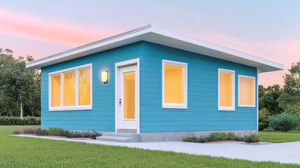 Fototapeta premium Teal colored small house with a modern design at dusk.