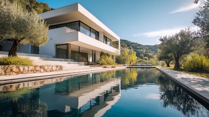Obraz premium Modern villa with a serene pool view.