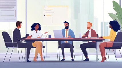 Animated corporate team brainstorms ideas during a meeting in a conference room