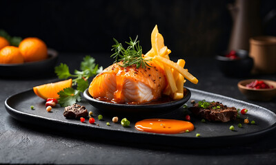 A plated dish features a seared fish fillet with a vibrant orange sauce, accompanied by fries, orange slices, herbs, and spices. The background is dark, providing contrast. 