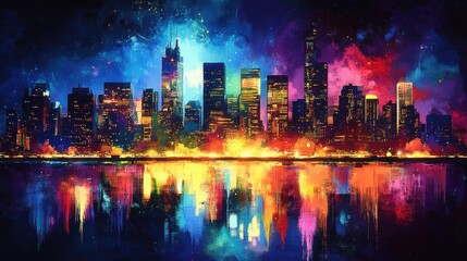 Obraz premium Vibrant Night City Skyline with Colorful Reflection on Water Surface Under Starry Sky at Dusk