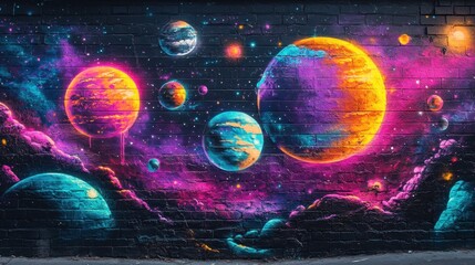 Vibrant Cosmic Mural Depicting Colorful Planets and Stars on Urban Wall Surface