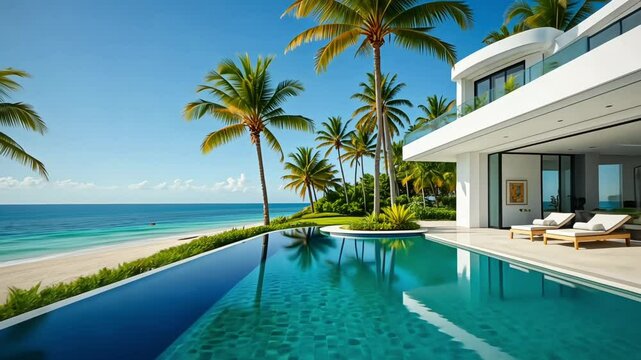 Luxurious beachfront villa with private infinity pool and palm trees
