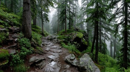 Fototapeta premium Misty Morning in Alpine Forest with Lush Greenery and Rocky Pathway