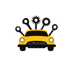 Yellow Car Auto Repair With Gears And Wrenches Flat Vector Graphic