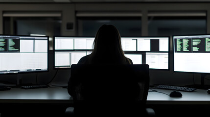 Digital Vigilance: A silhouette of a person, immersed in a realm of data. The glow of multiple monitors illuminates their focused gaze, creating an atmosphere of concentrated work and technical skill.