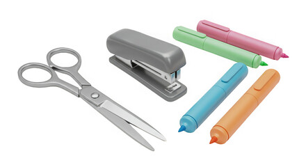 Office supplies scissors stapler markers gleam